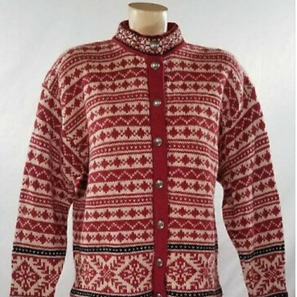 LL Bean Nordic Red Knit Wool Snowflake Sweater Made In USA Size S